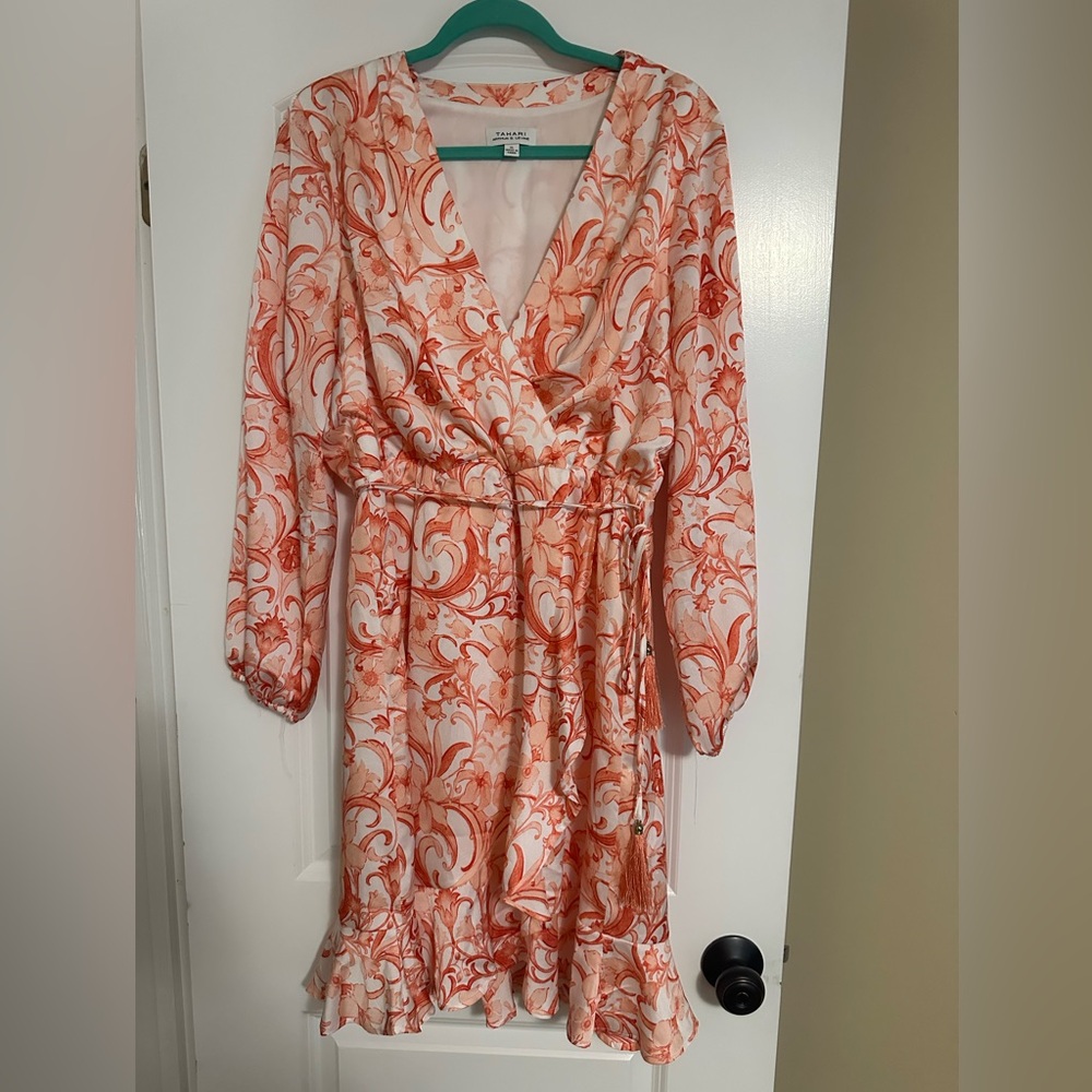 Tahari V-Neck Orange Patterned Dress